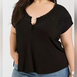 Torrid Super Soft Jersey Dolman Henley Lace Trim Black Top Women's Size 0X